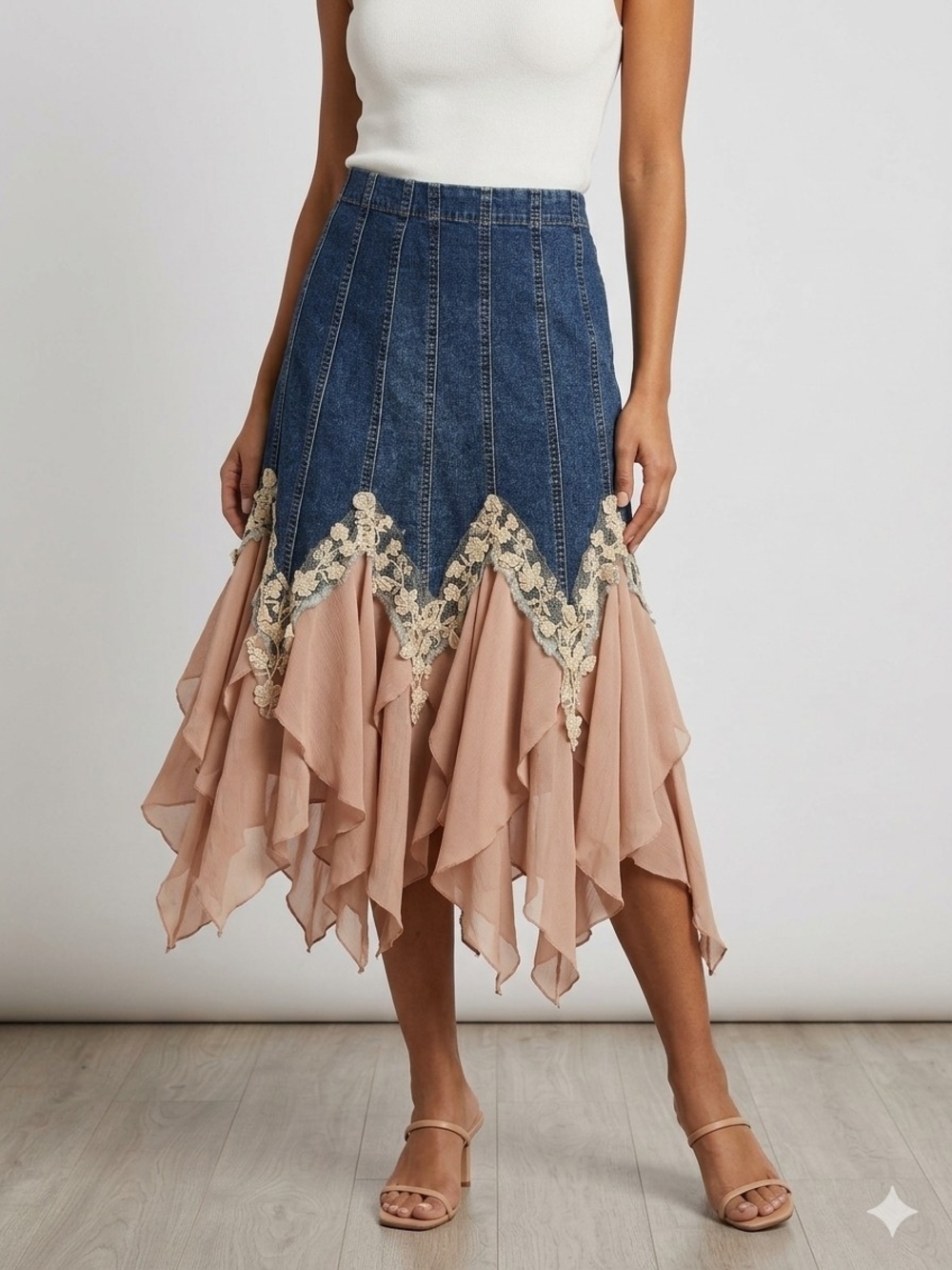 Frank Lyman Denim Lace Ruffle Asymmetrical Midi Skirt Style 81288 Size S
